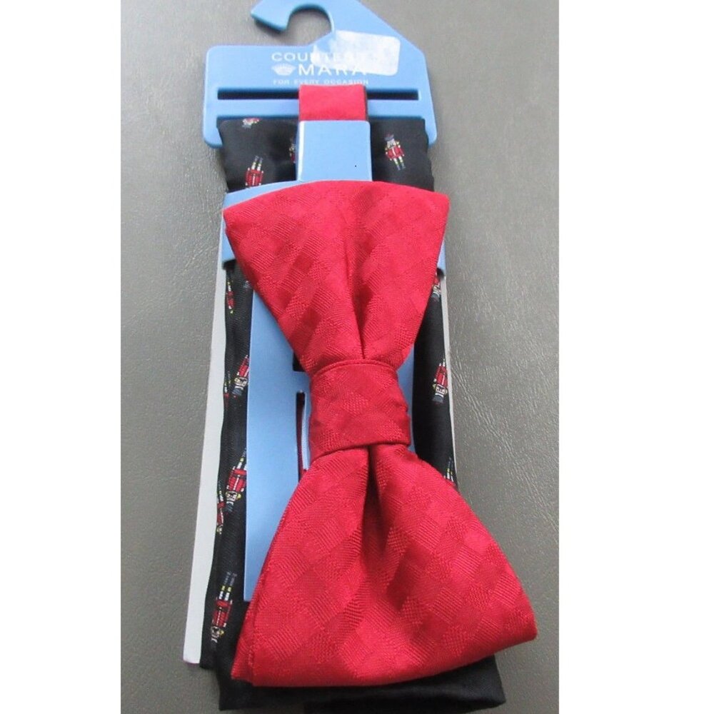Countess Mara Men's Christmas Pre-Tied Bow Tie and Pocket Square Set, Black Red